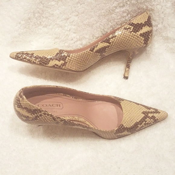 Coach Shoes - Coach Leather Snakeskin Tan/Cream Brown Heel Size7